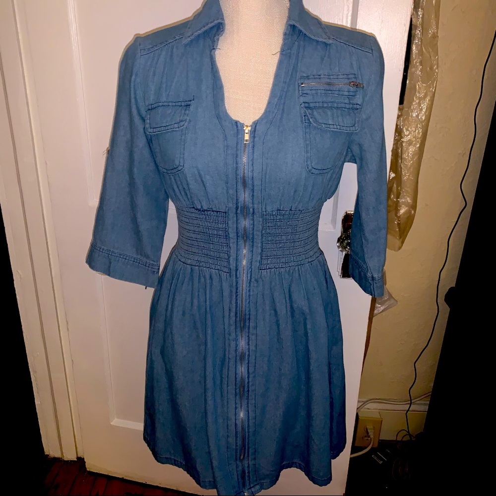 Womens denim dress gathered elastic waist zip up front size petite medium